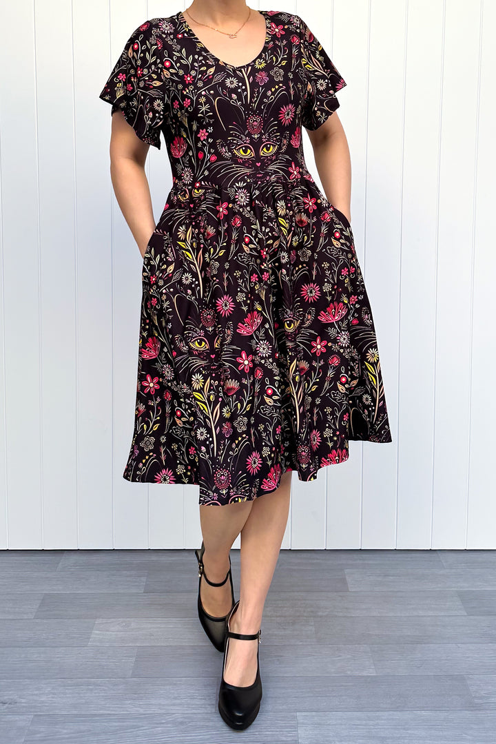 Whiskers and Wildflowers - Knee Length Dress - Flutter Sleeve - Pockets