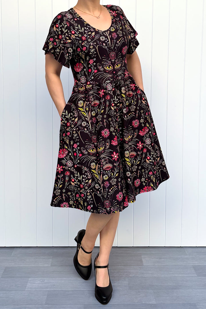 Whiskers and Wildflowers - Knee Length Dress - Flutter Sleeve - Pockets