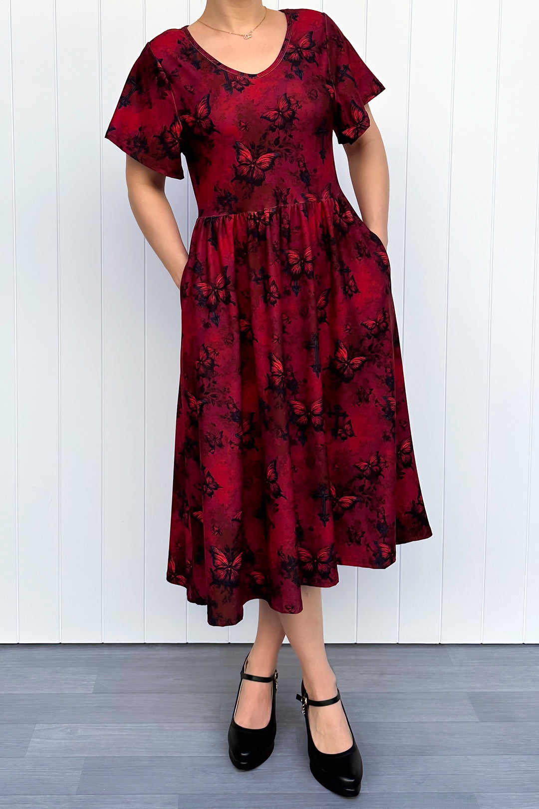Gothic Butterfly - Midi Dress - Flutter Sleeve - Pockets