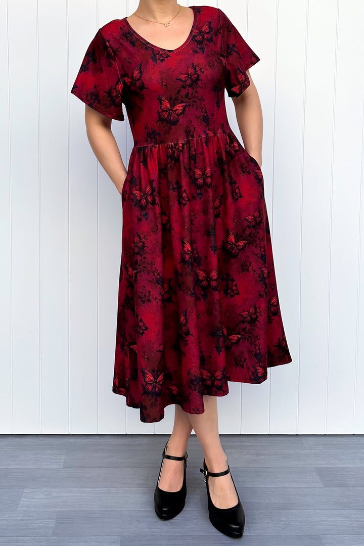 Gothic Butterfly - Midi Dress - Flutter Sleeve - Pockets