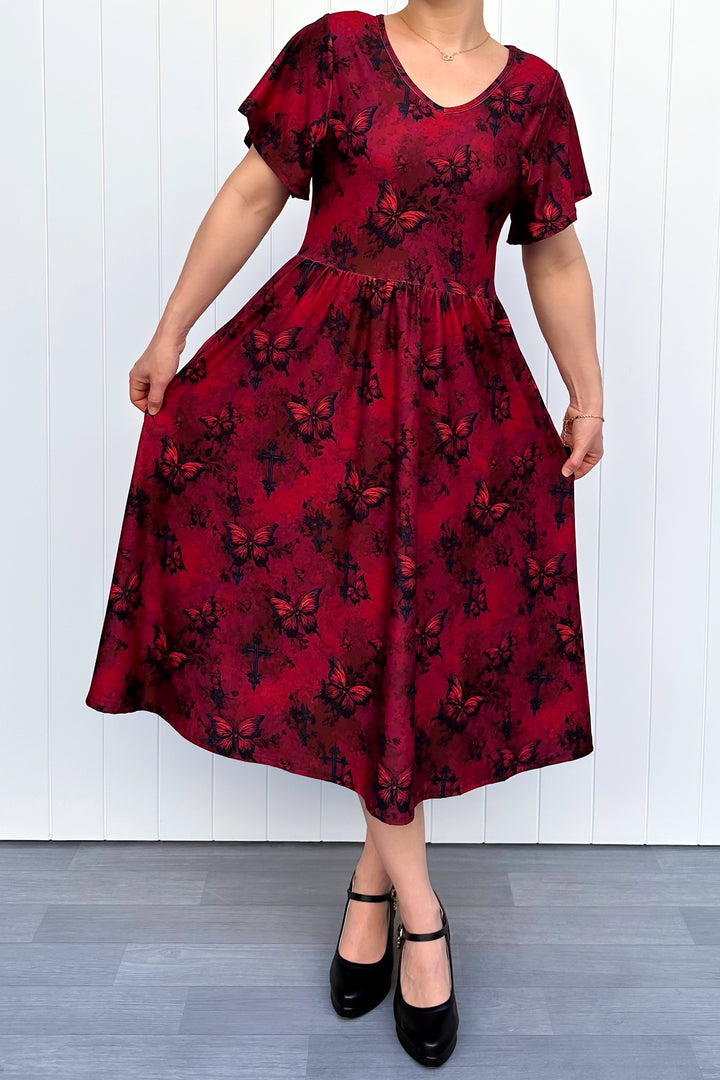 Gothic Butterfly - Midi Dress - Flutter Sleeve - Pockets