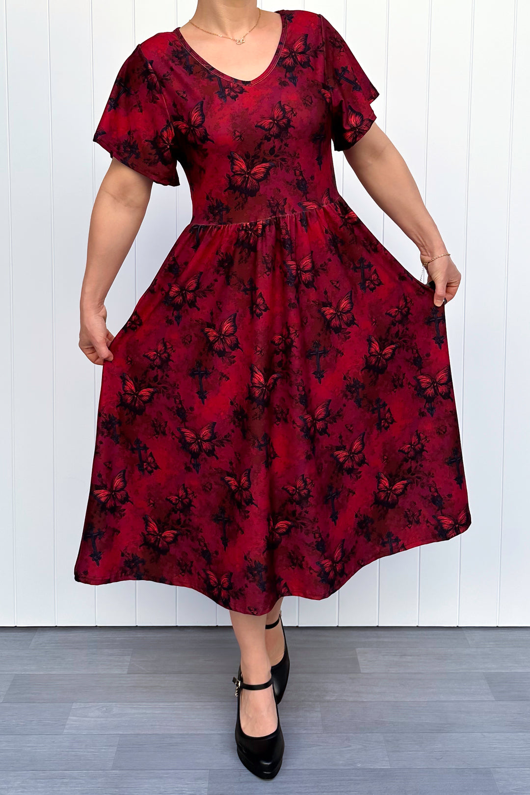 Gothic Butterfly - Midi Dress - Flutter Sleeve - Pockets