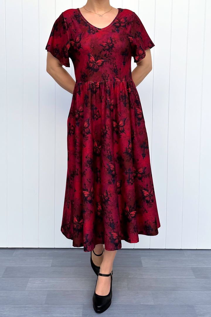 Gothic Butterfly - Midi Dress - Flutter Sleeve - Pockets