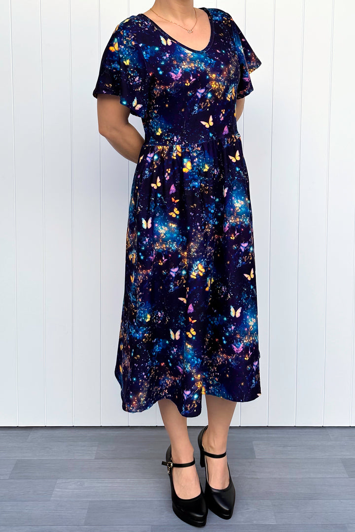Cosmic Butterfly - Midi Dress - Flutter Sleeve - Pockets