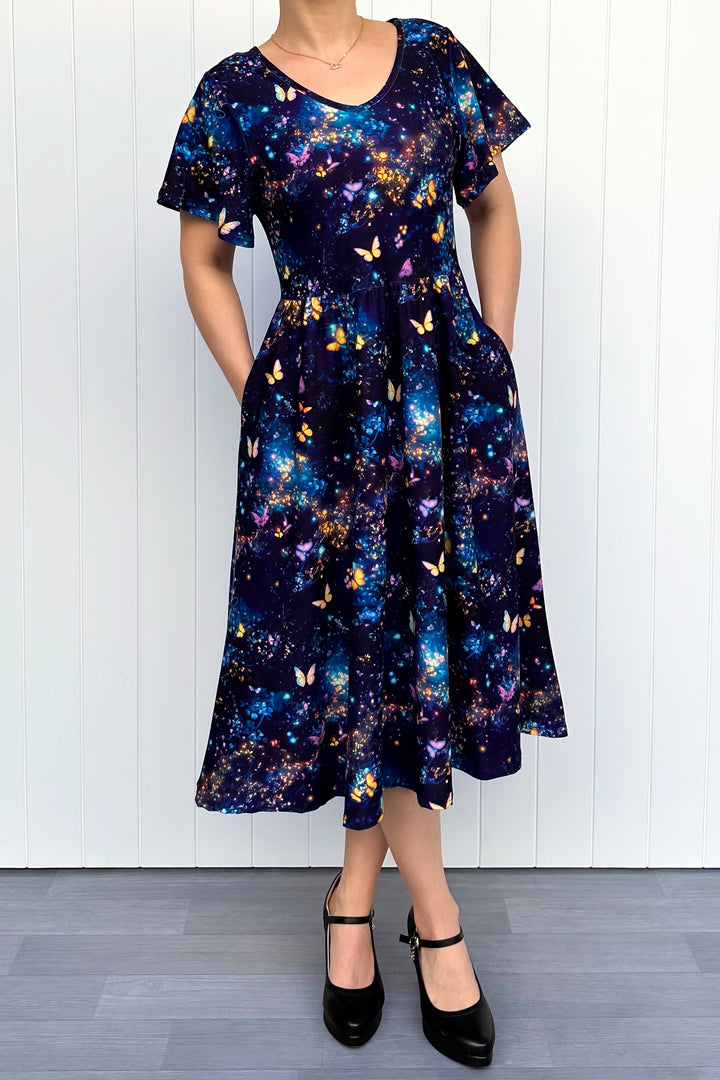 Cosmic Butterfly - Midi Dress - Flutter Sleeve - Pockets