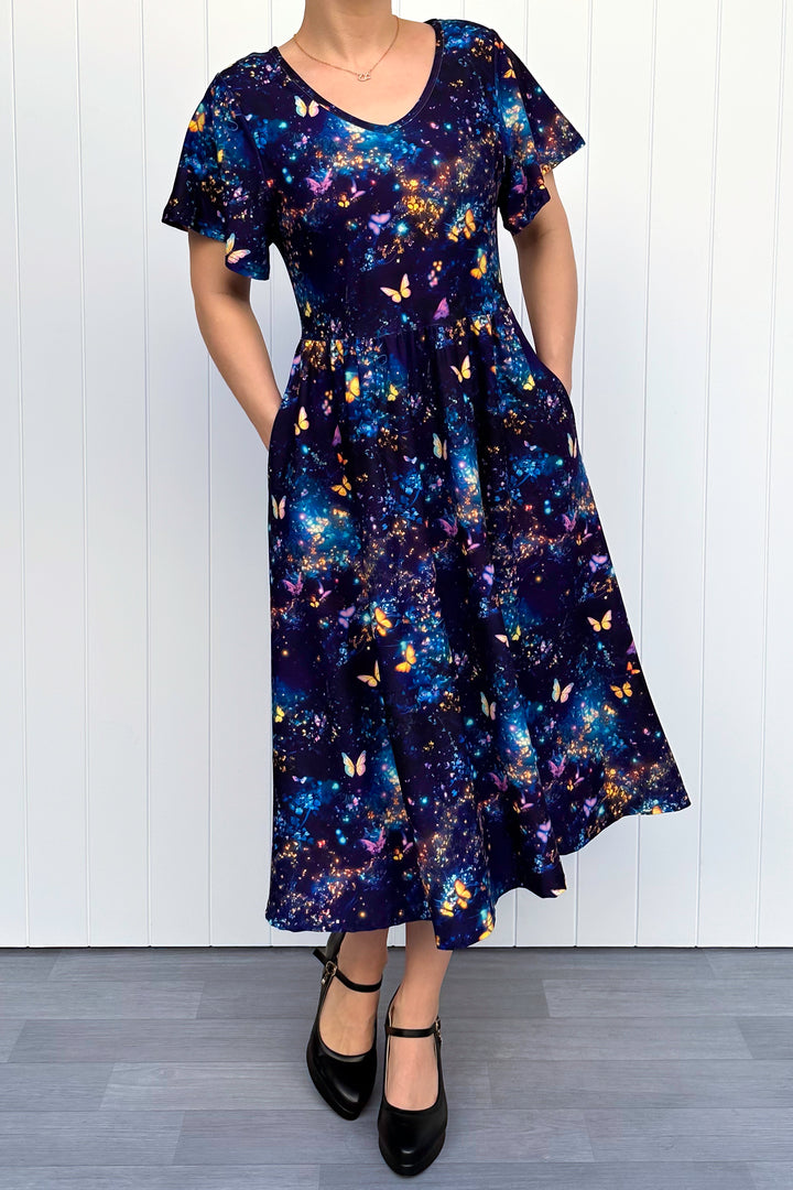Cosmic Butterfly - Midi Dress - Flutter Sleeve - Pockets