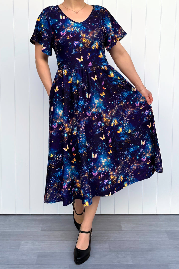 Cosmic Butterfly - Midi Dress - Flutter Sleeve - Pockets