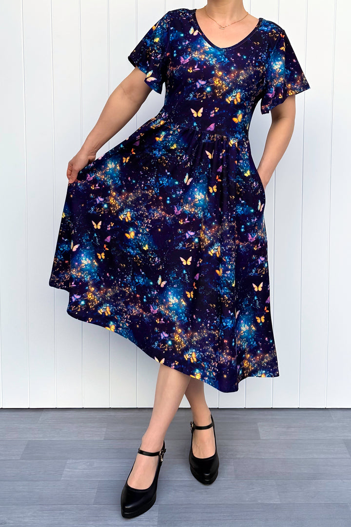 Cosmic Butterfly - Midi Dress - Flutter Sleeve - Pockets