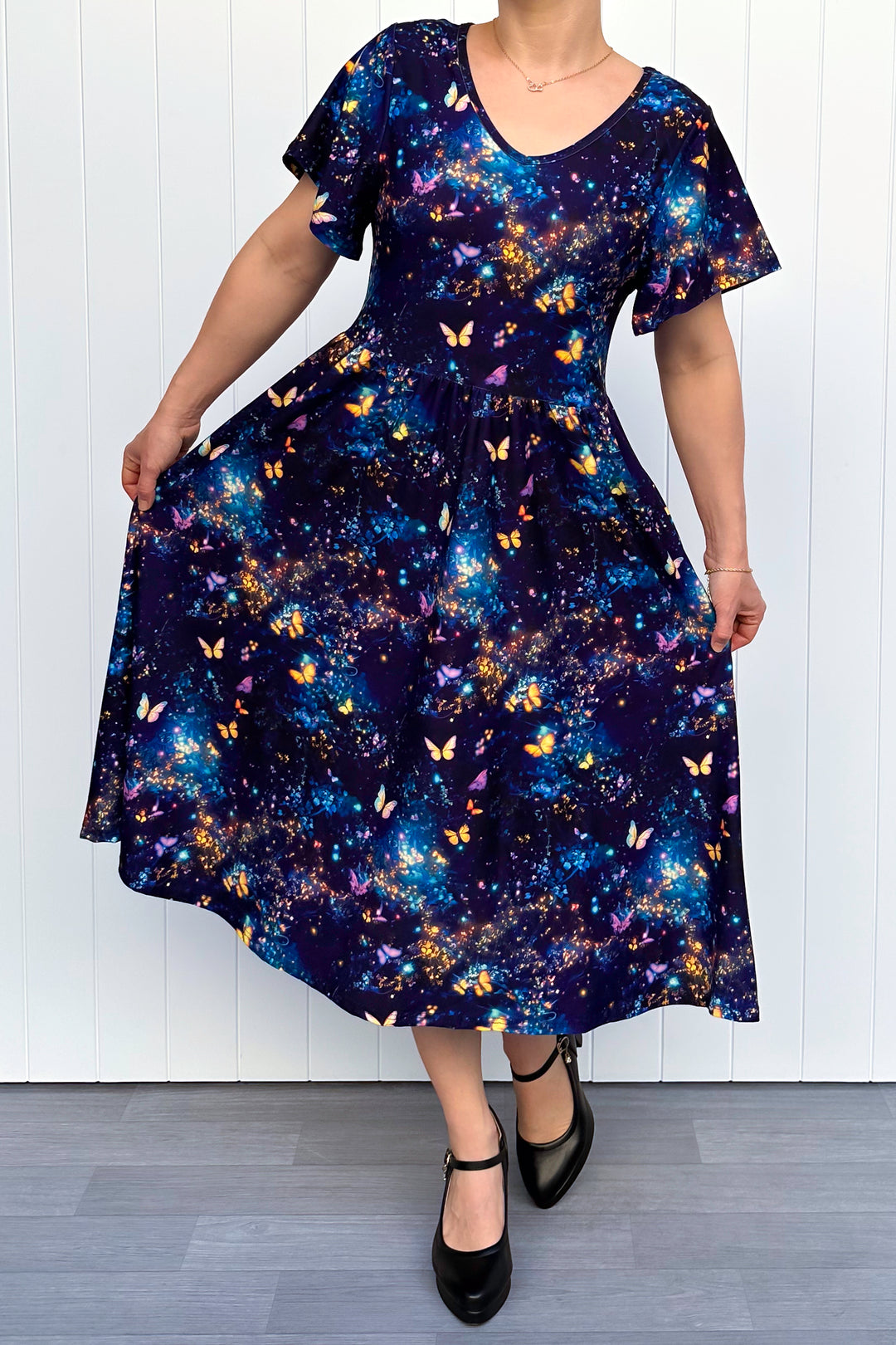 Cosmic Butterfly - Midi Dress - Flutter Sleeve - Pockets
