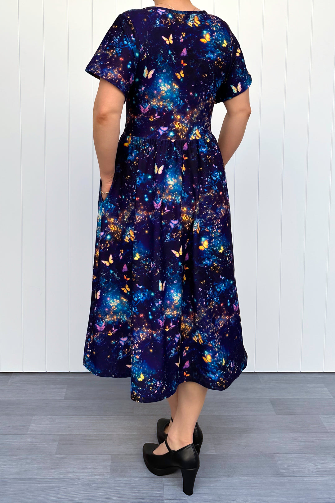 Cosmic Butterfly - Midi Dress - Flutter Sleeve - Pockets