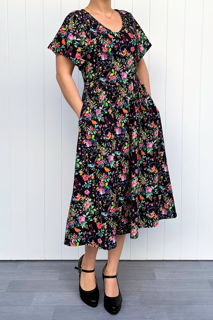 Birds and Blooms - Midi Dress - Flutter Sleeve - Pockets