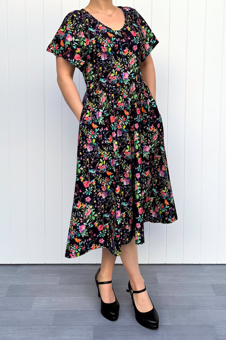 Birds and Blooms - Midi Dress - Flutter Sleeve - Pockets