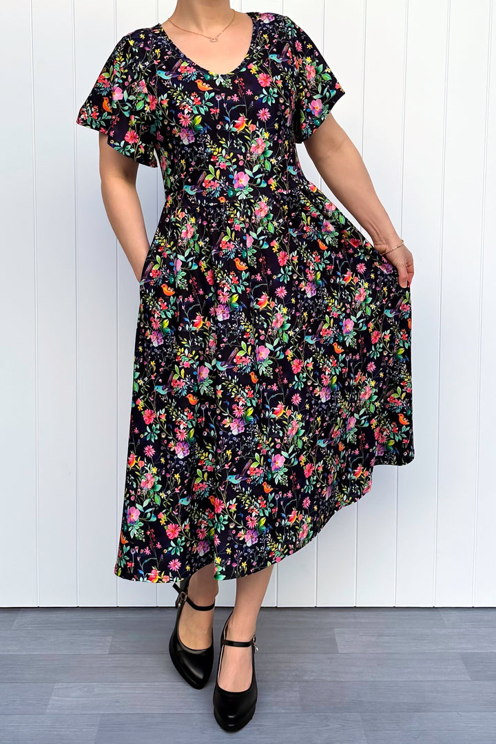 Birds and Blooms - Midi Dress - Flutter Sleeve - Pockets