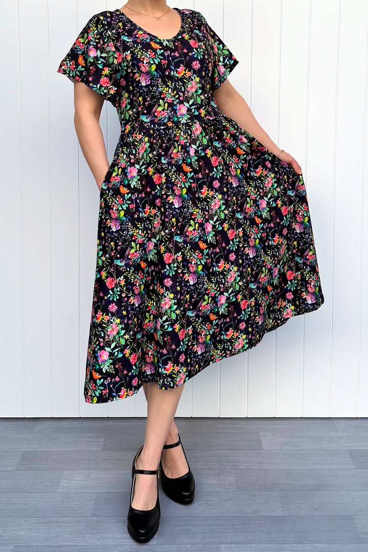 Birds and Blooms - Midi Dress - Flutter Sleeve - Pockets