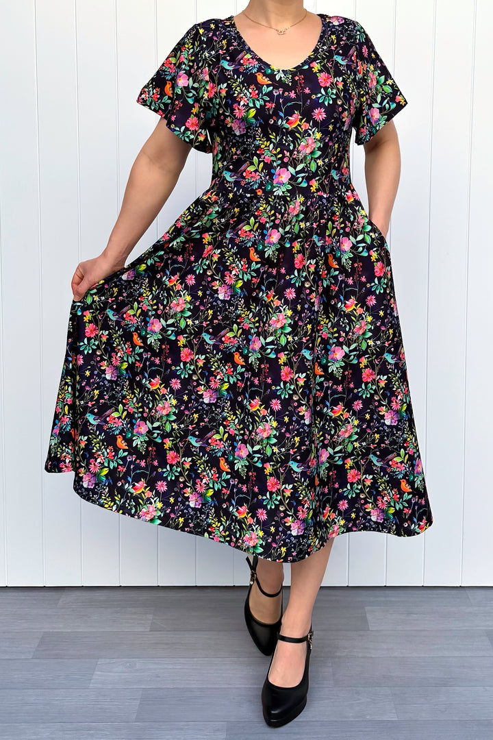Birds and Blooms - Midi Dress - Flutter Sleeve - Pockets