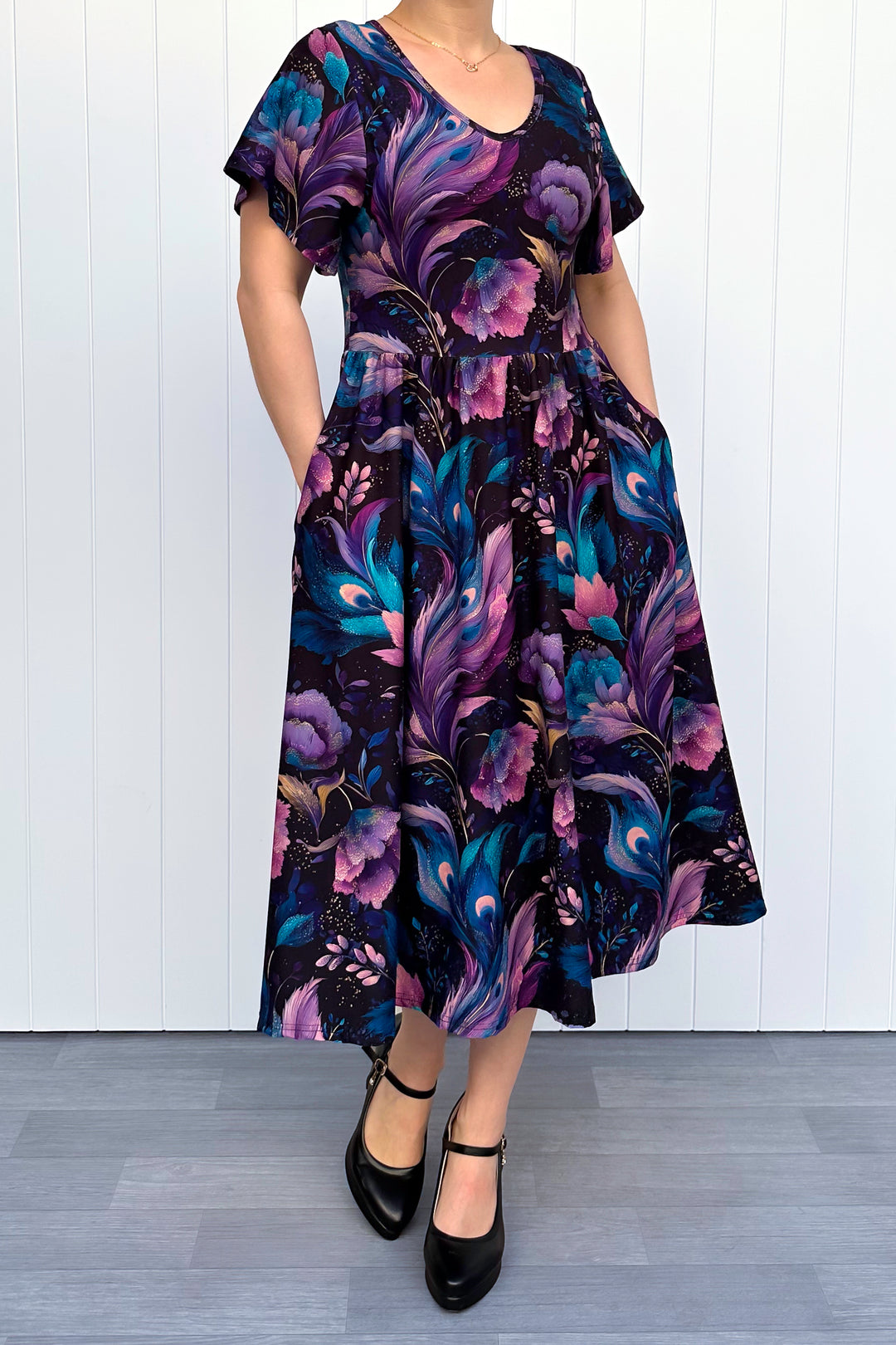 Peacock Petals - Midi Dress - Flutter Sleeve - Pockets
