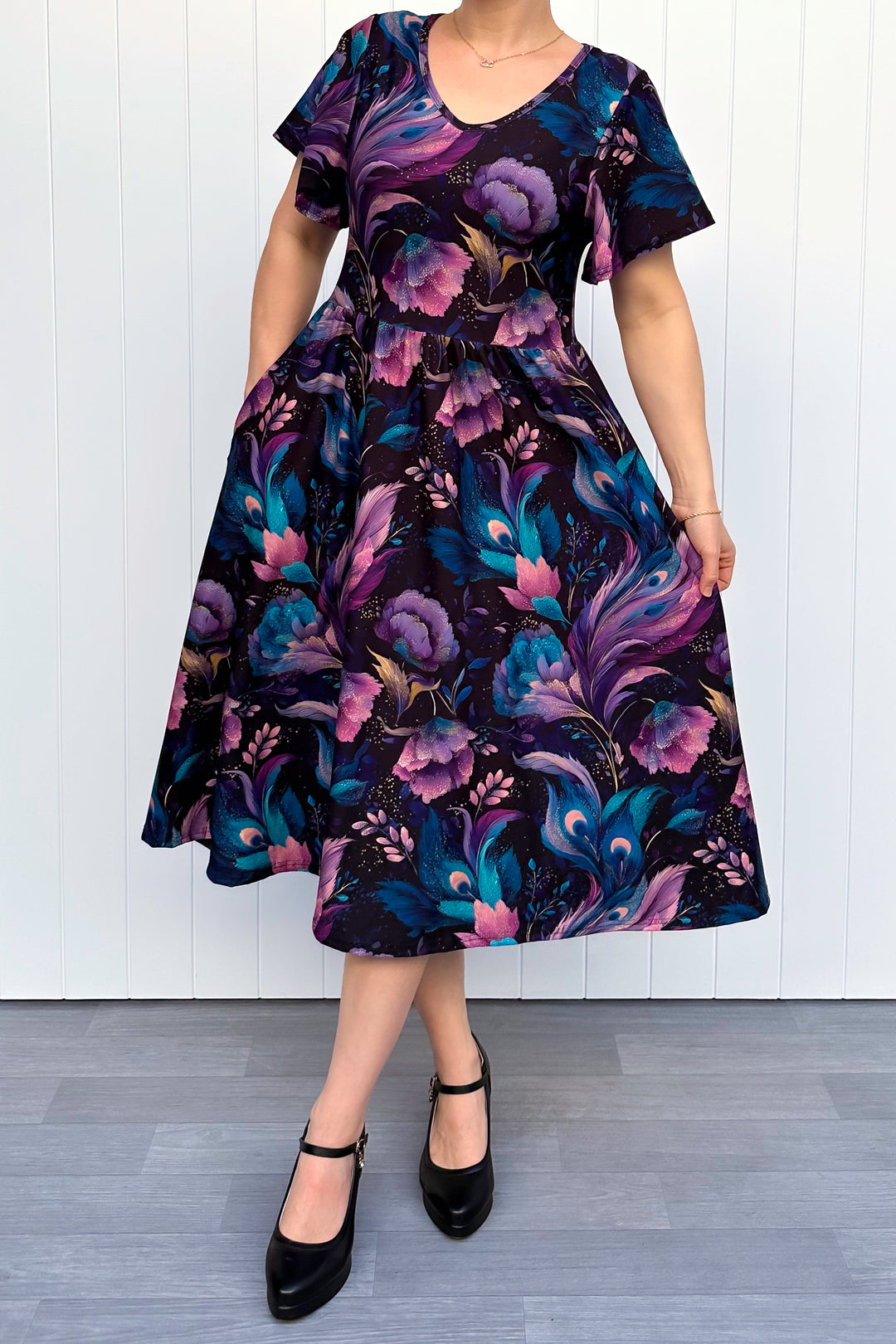 Peacock Petals - Midi Dress - Flutter Sleeve - Pockets