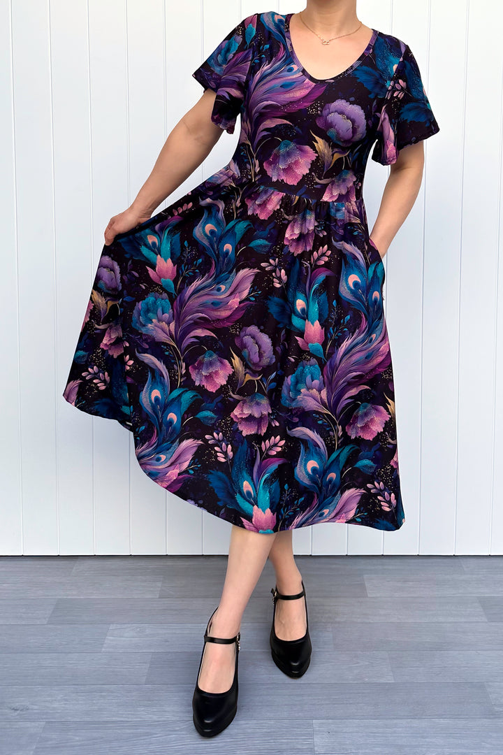 Peacock Petals - Midi Dress - Flutter Sleeve - Pockets