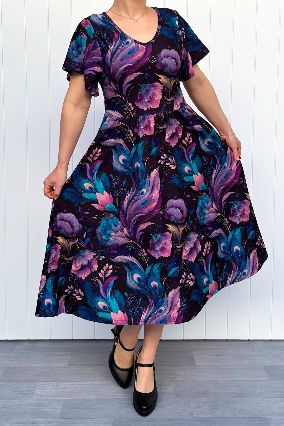 Peacock Petals - Midi Dress - Flutter Sleeve - Pockets