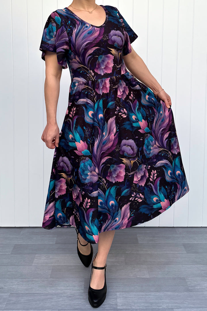 Peacock Petals - Midi Dress - Flutter Sleeve - Pockets