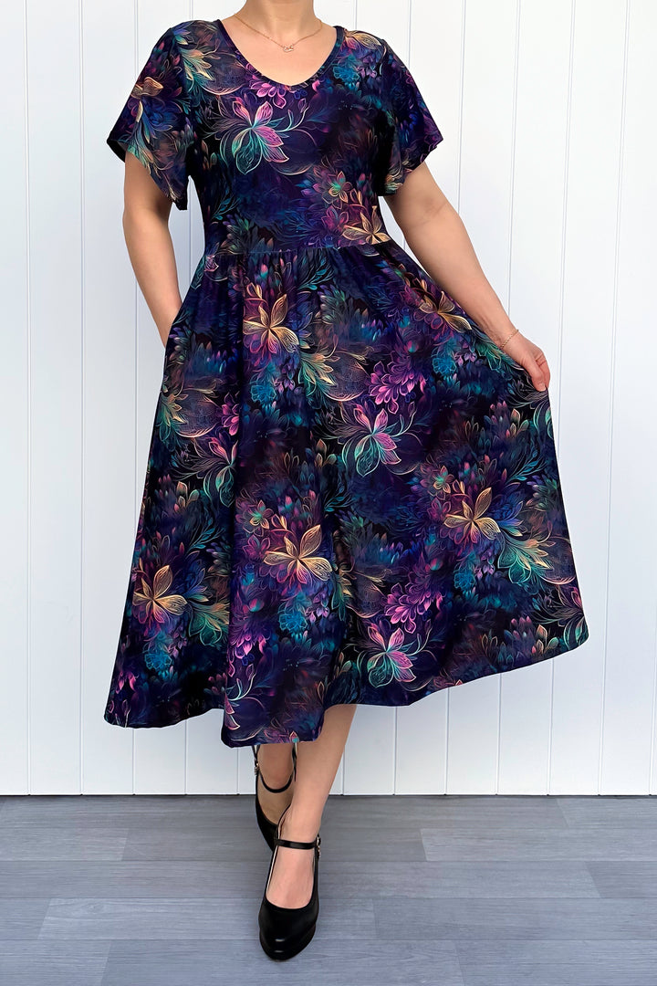 Spectral Garden - Midi Dress - Flutter Sleeve - Pockets