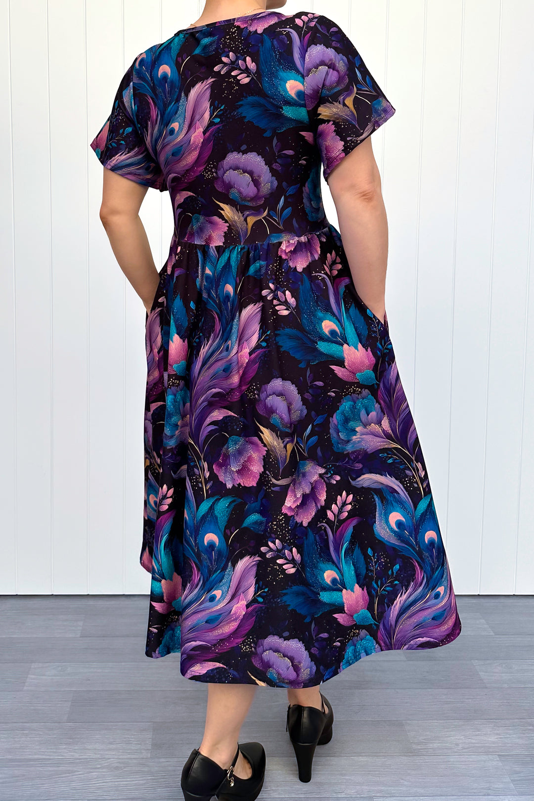 Peacock Petals - Midi Dress - Flutter Sleeve - Pockets