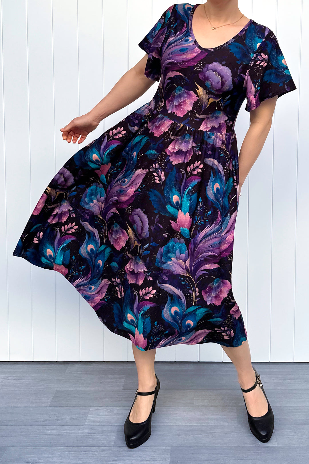 Peacock Petals - Midi Dress - Flutter Sleeve - Pockets