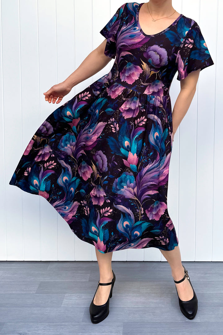 Peacock Petals - Midi Dress - Flutter Sleeve - Pockets