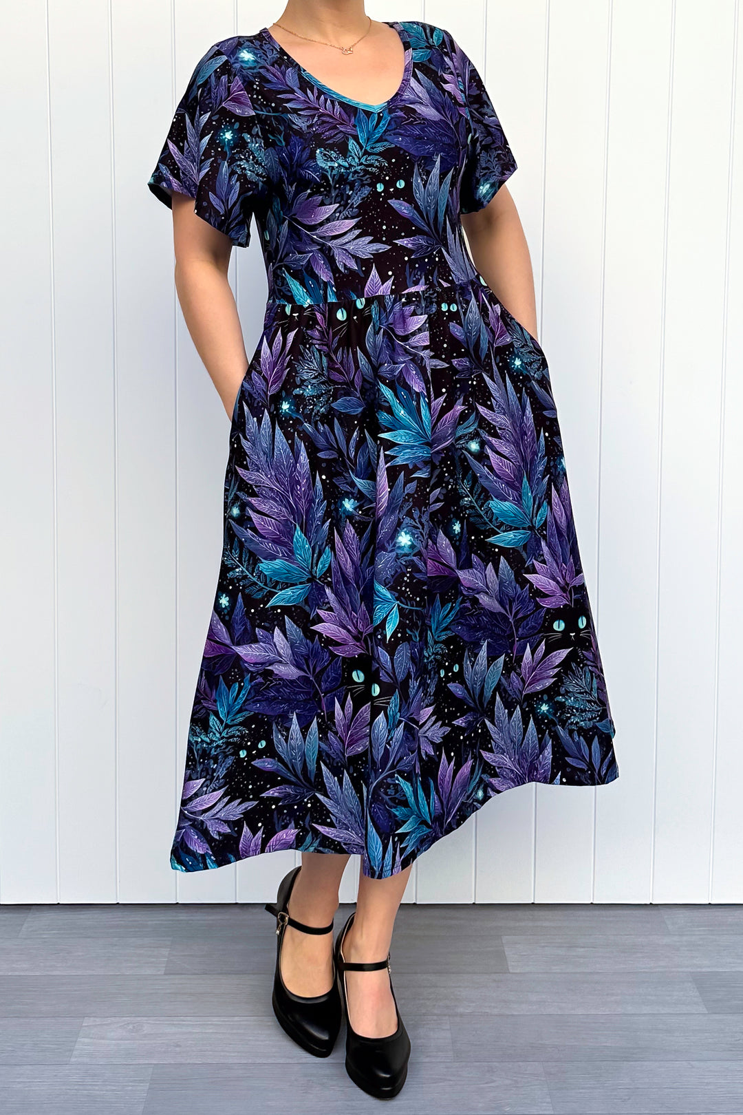 Feline Florals - Midi Dress - Flutter Sleeve - Pockets