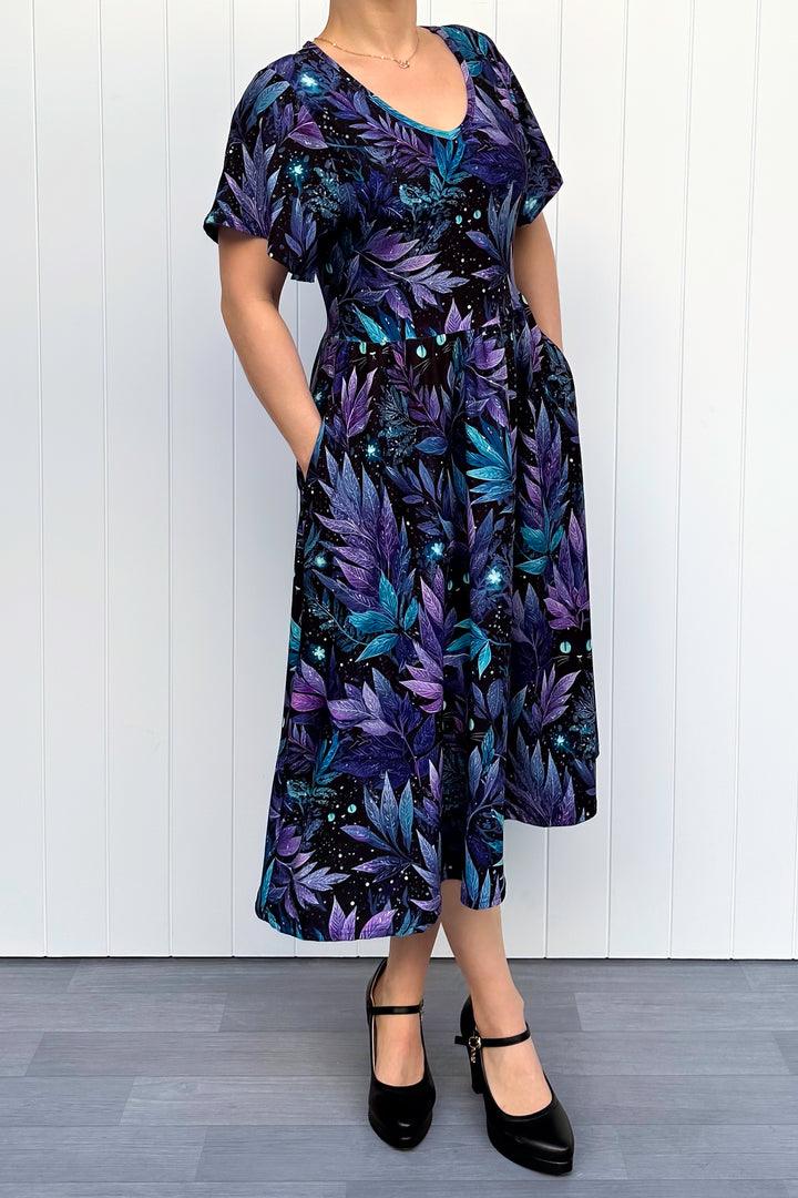Feline Florals - Midi Dress - Flutter Sleeve - Pockets