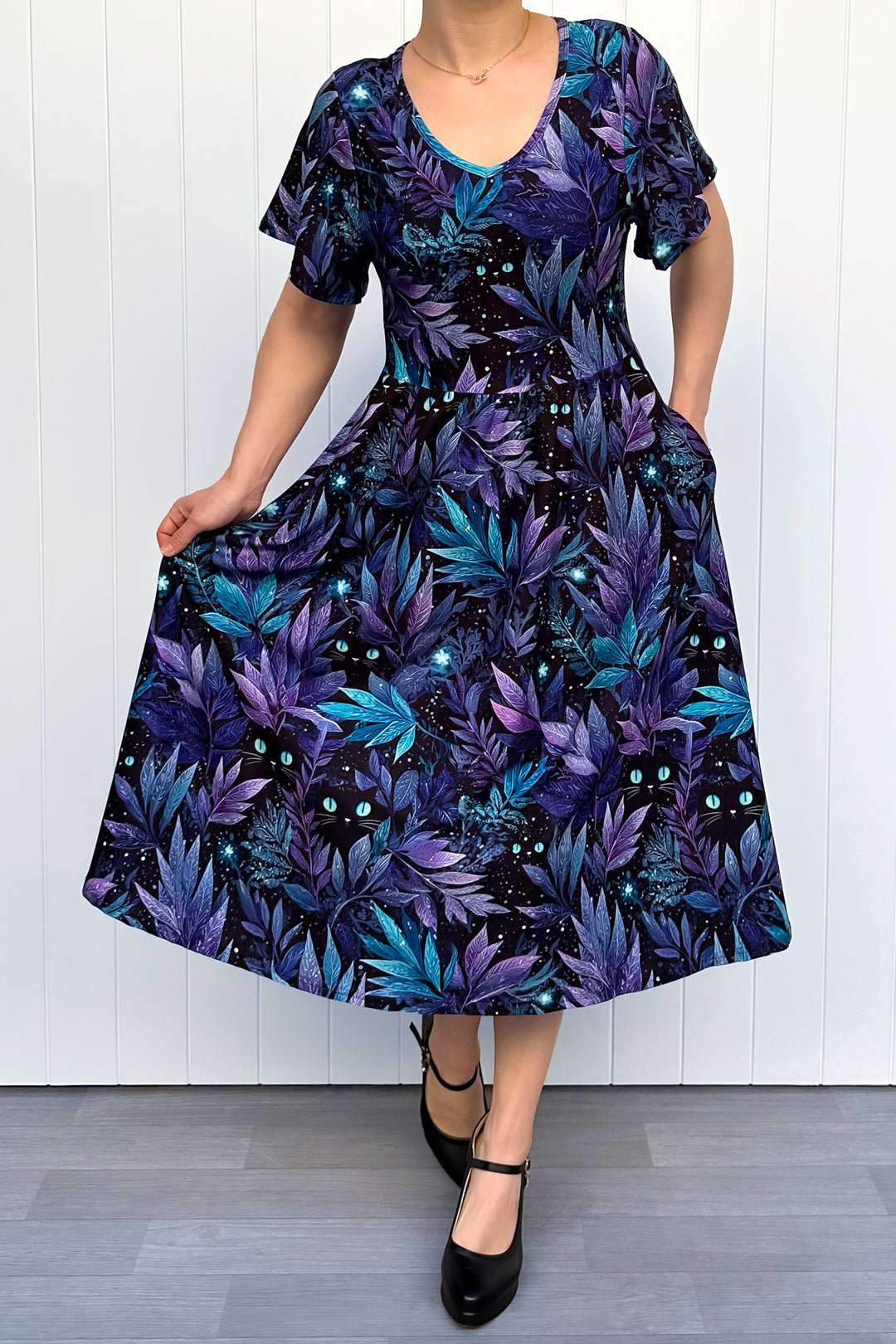 Feline Florals - Midi Dress - Flutter Sleeve - Pockets