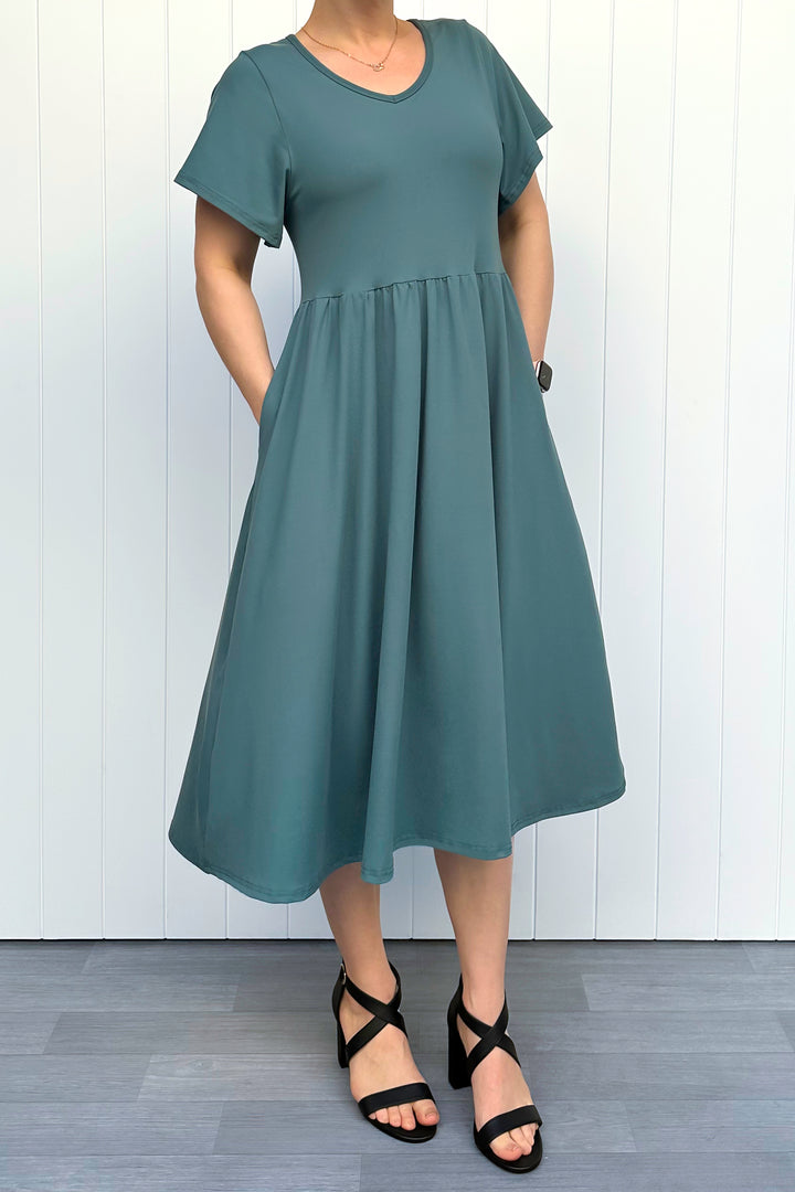 Teal - Midi Dress - Flutter Sleeve - Pockets