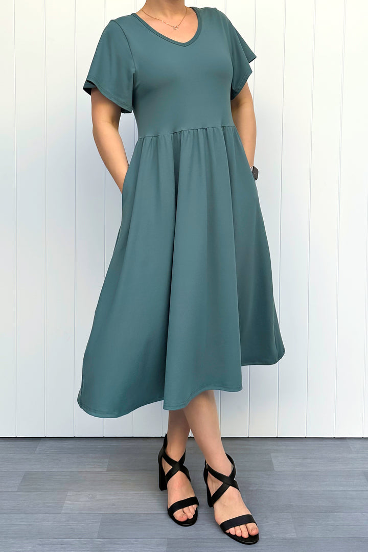 Teal - Midi Dress - Flutter Sleeve - Pockets