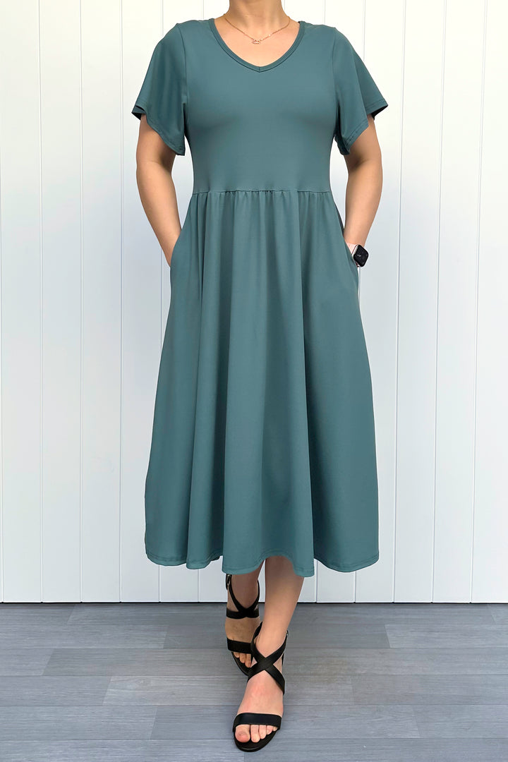 Teal - Midi Dress - Flutter Sleeve - Pockets