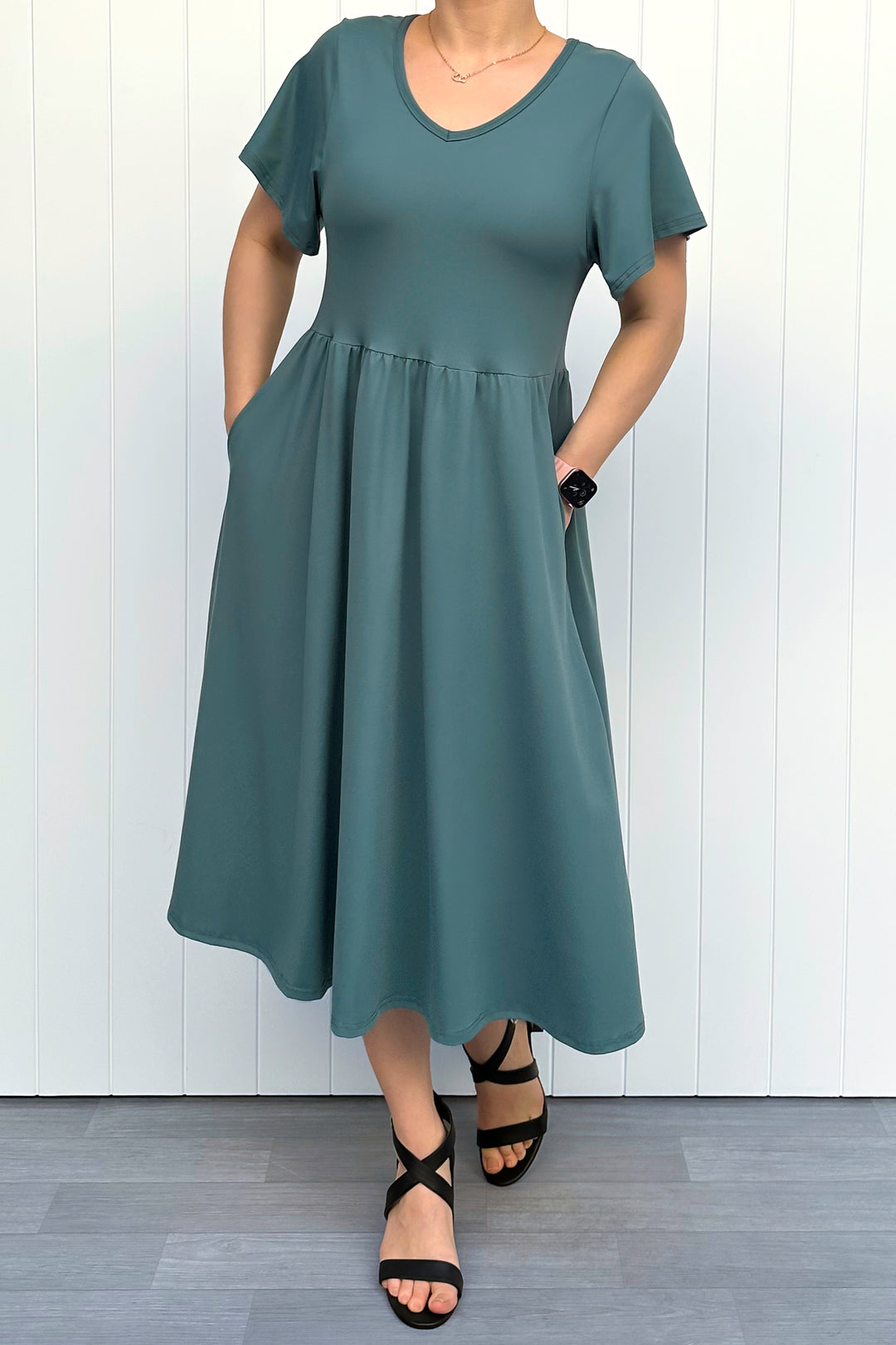 Teal - Midi Dress - Flutter Sleeve - Pockets