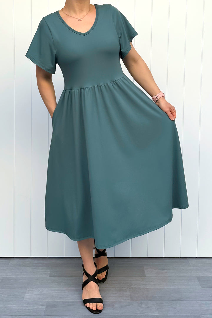 Teal - Midi Dress - Flutter Sleeve - Pockets