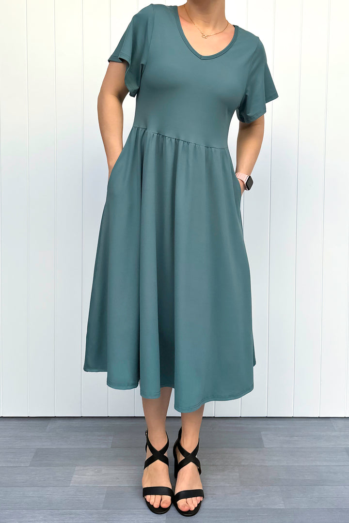 Teal - Midi Dress - Flutter Sleeve - Pockets