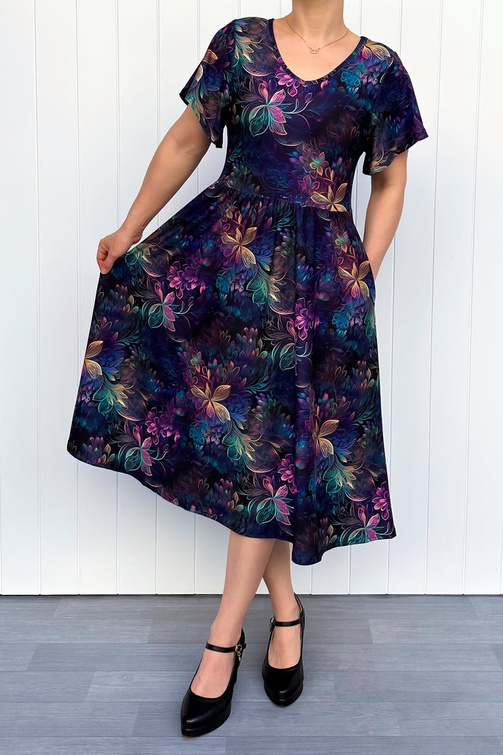 Spectral Garden - Midi Dress - Flutter Sleeve - Pockets