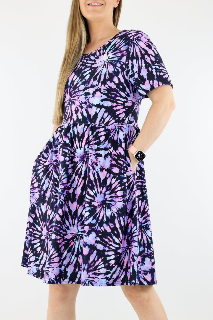 Iridescent Purple Tie Dye - Short Sleeve Skater Dress - Knee Length - Side Pockets Knee Length Skater Dress Pawlie   
