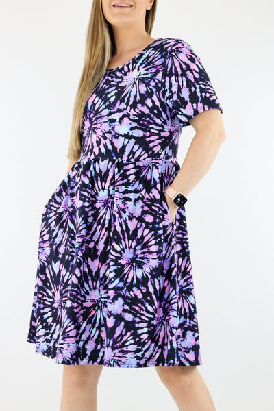 Iridescent Purple Tie Dye - Short Sleeve Skater Dress - Knee Length - Side Pockets Knee Length Skater Dress Pawlie   