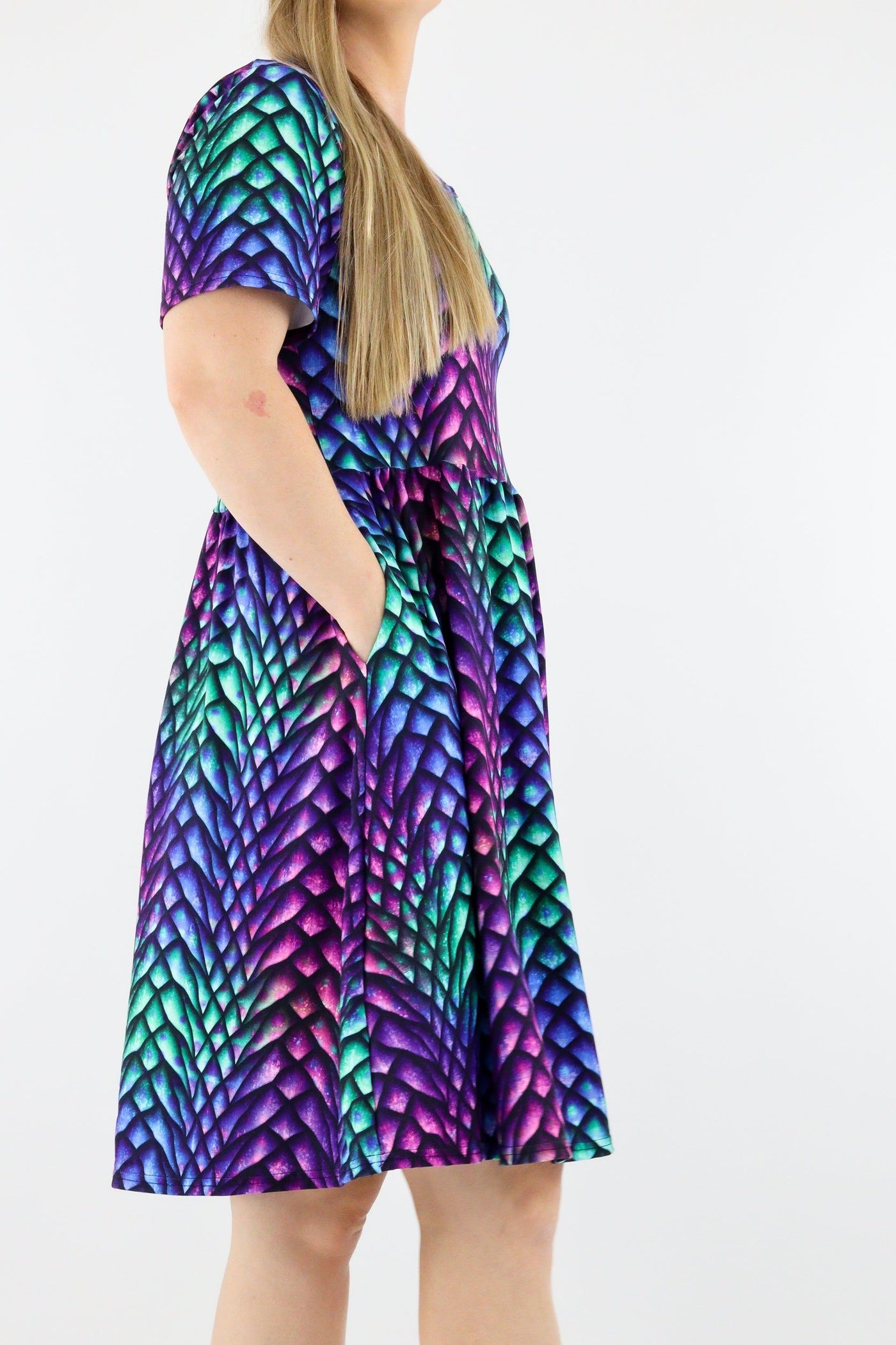 Radiant Dragon - Short Sleeve Skater Dress - Knee Length - Side Pockets Knee Length Skater Dress Pawlie   