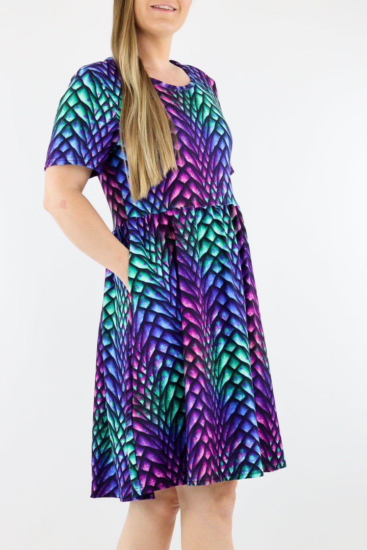 Radiant Dragon - Short Sleeve Skater Dress - Knee Length - Side Pockets Knee Length Skater Dress Pawlie   