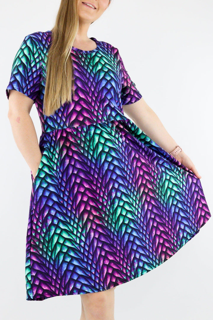 Radiant Dragon - Short Sleeve Skater Dress - Knee Length - Side Pockets Knee Length Skater Dress Pawlie   