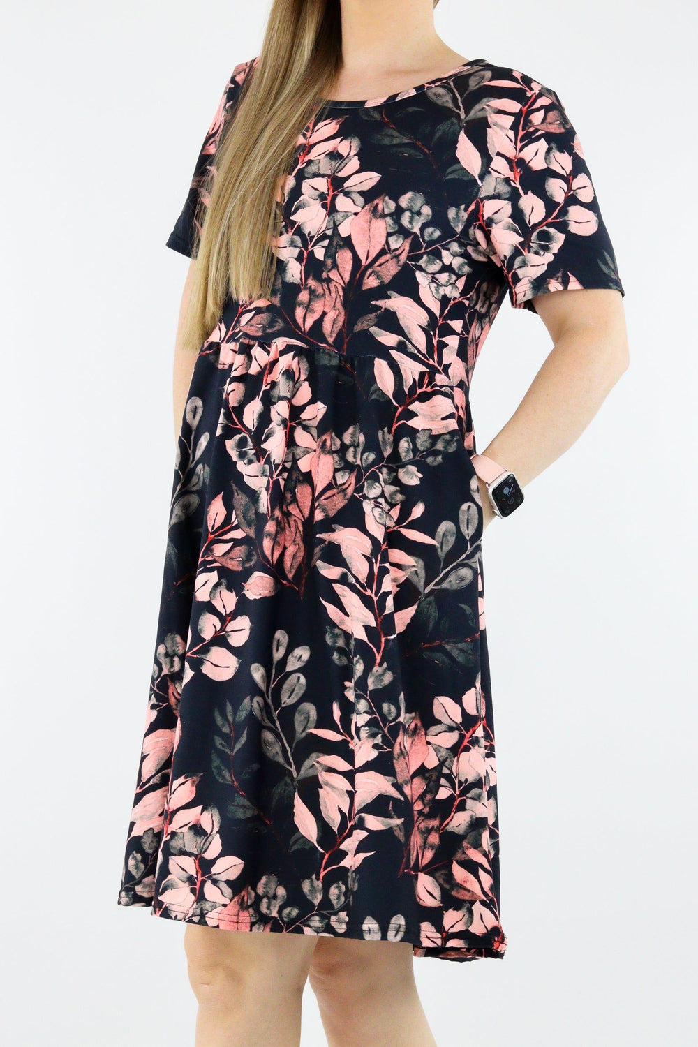 Vintage Watercolour Leaves - Short Sleeve Skater Dress - Knee Length - Side Pockets Knee Length Skater Dress Pawlie   