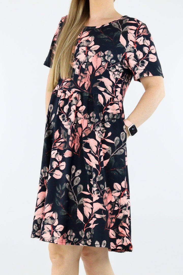 Vintage Watercolour Leaves - Short Sleeve Skater Dress - Knee Length - Side Pockets Knee Length Skater Dress Pawlie   