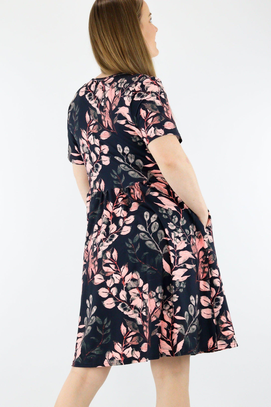 Vintage Watercolour Leaves - Short Sleeve Skater Dress - Knee Length - Side Pockets Knee Length Skater Dress Pawlie   