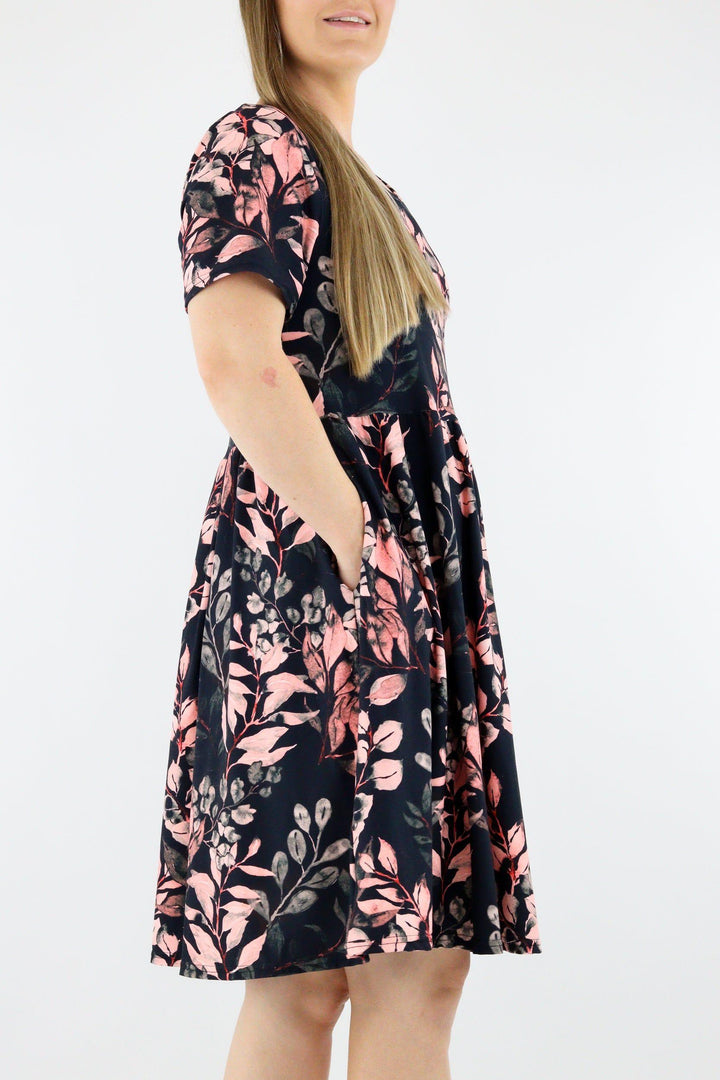 Vintage Watercolour Leaves - Short Sleeve Skater Dress - Knee Length - Side Pockets Knee Length Skater Dress Pawlie   