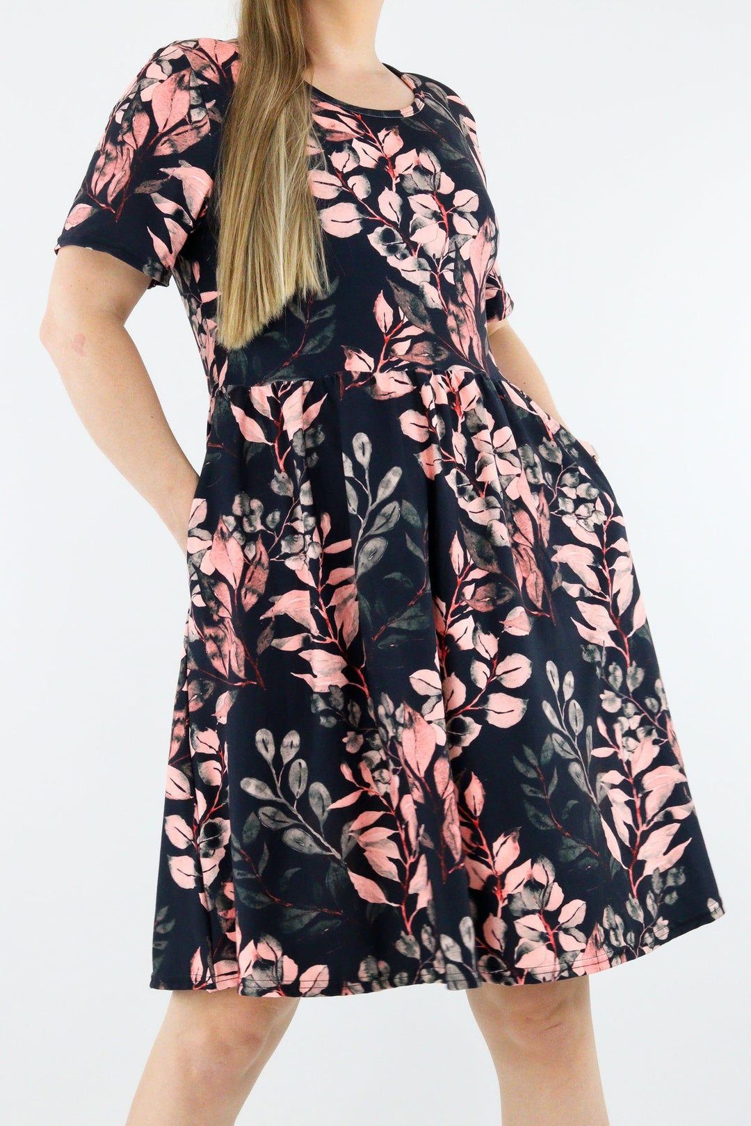 Vintage Watercolour Leaves - Short Sleeve Skater Dress - Knee Length - Side Pockets Knee Length Skater Dress Pawlie   