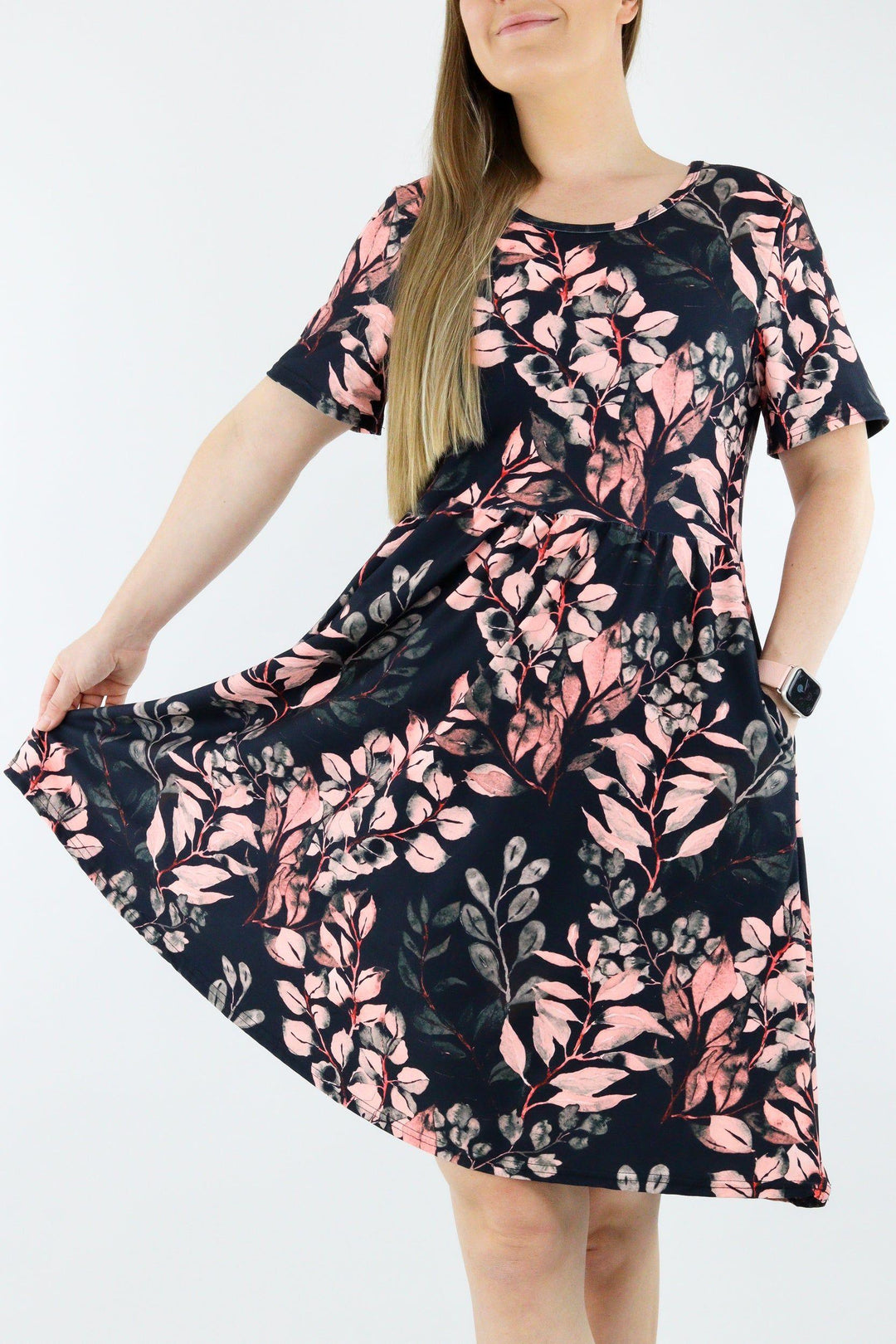 Vintage Watercolour Leaves - Short Sleeve Skater Dress - Knee Length - Side Pockets Knee Length Skater Dress Pawlie   