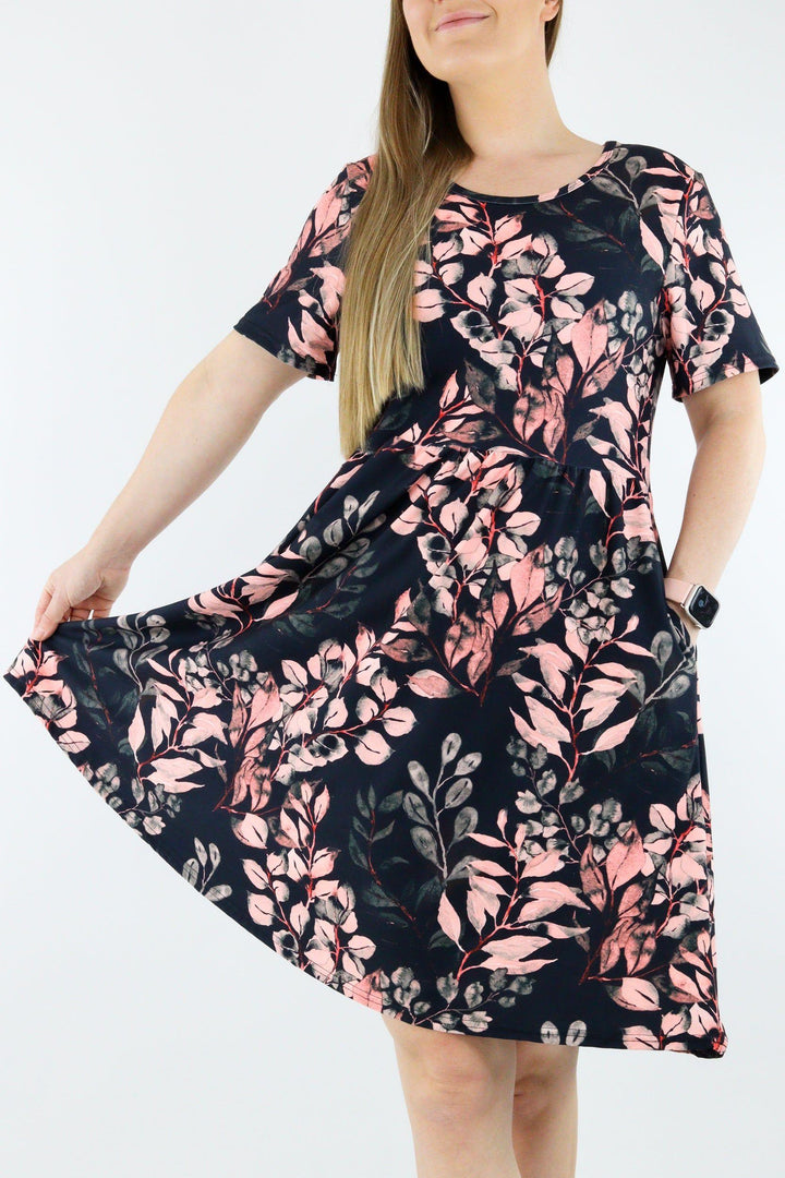 Vintage Watercolour Leaves - Short Sleeve Skater Dress - Knee Length - Side Pockets Knee Length Skater Dress Pawlie   